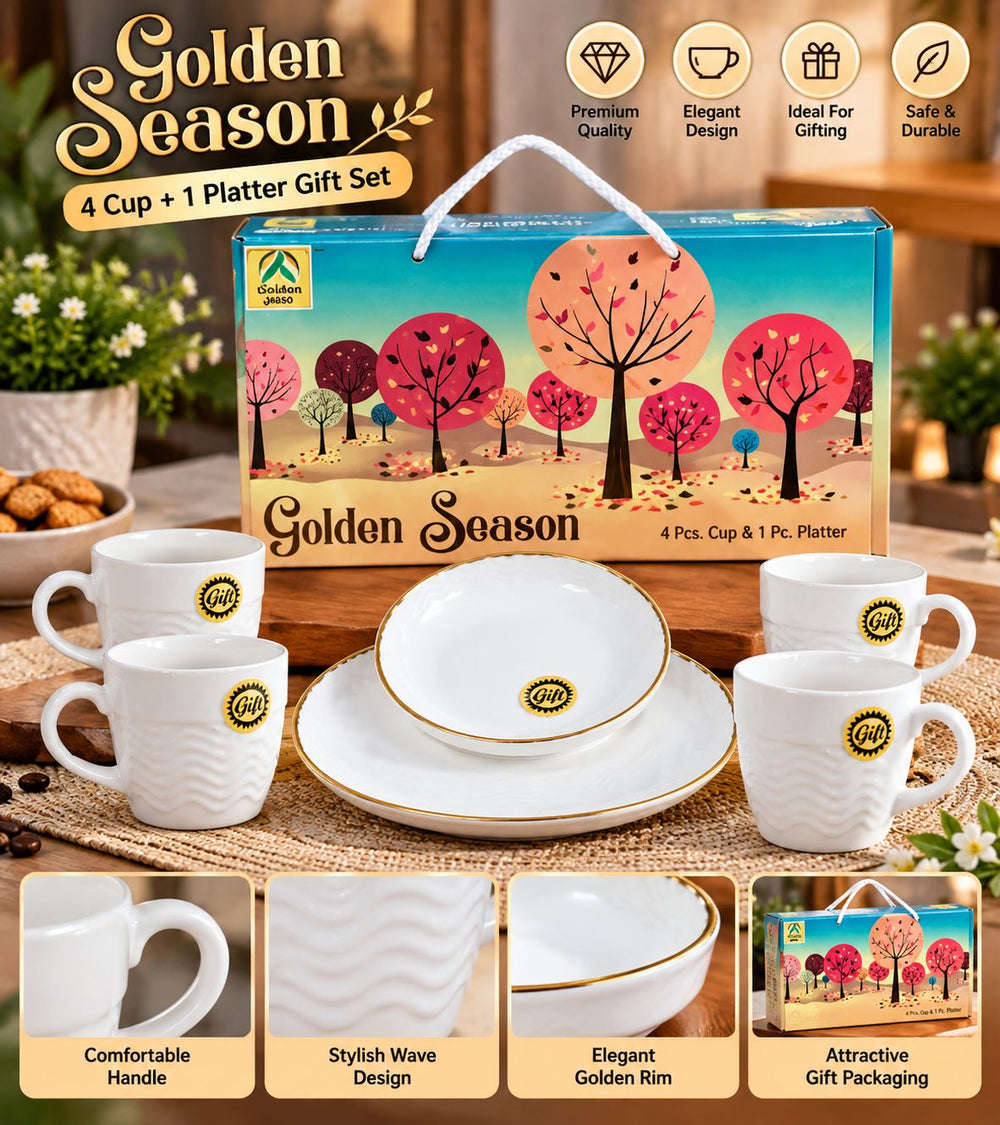 Golden Season Gift Set – 4 Cups + 1 Platter