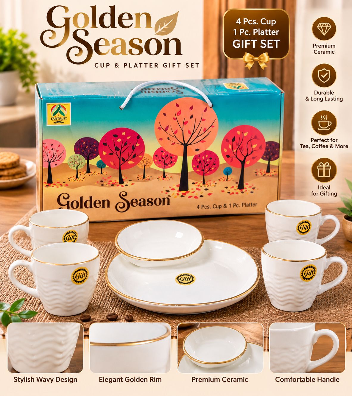 Golden Season Gift Set – 4 Cups + 1 Platter