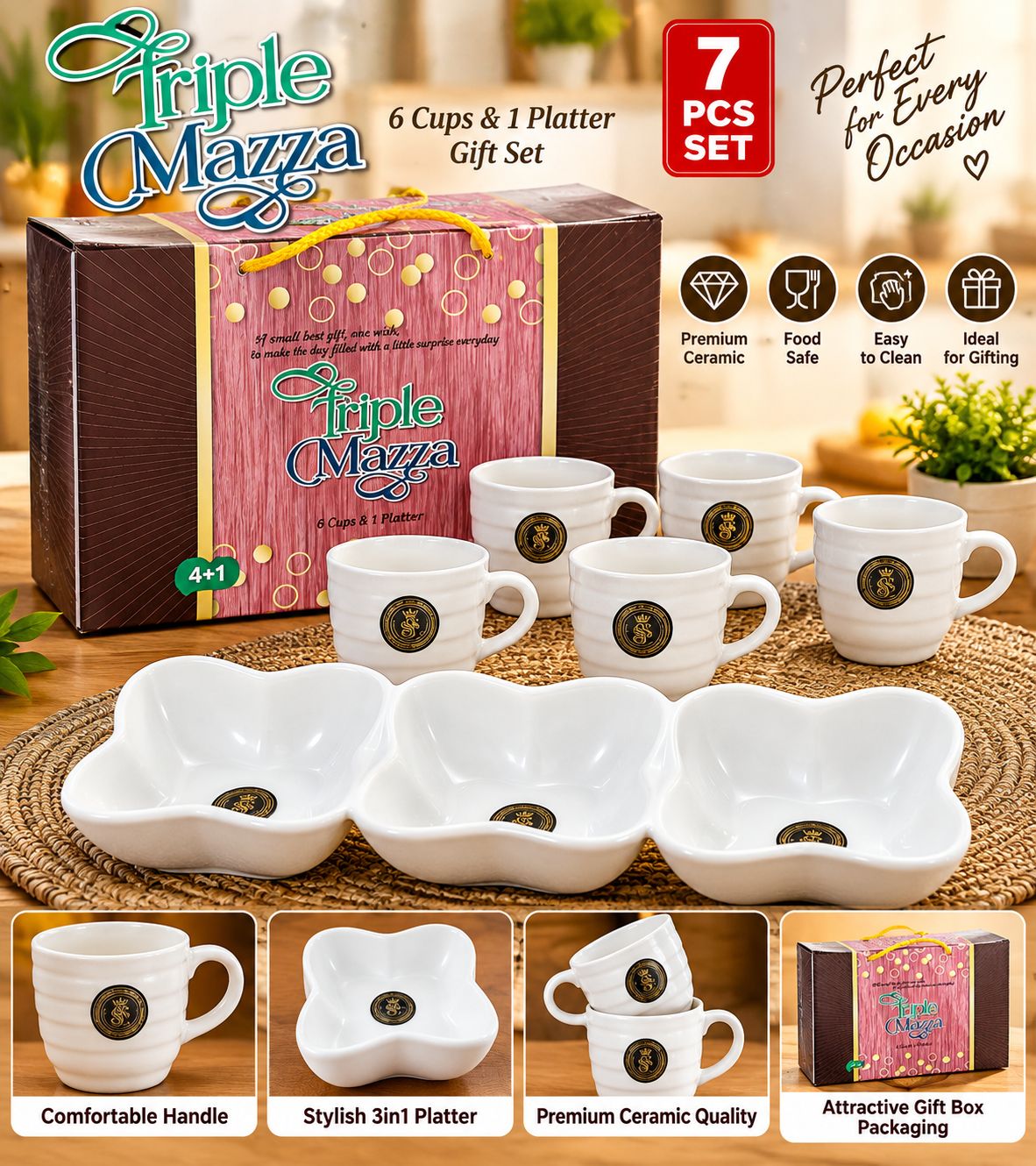 Triple Maza Gift Set – 6 Cups + 3-in-1 Platter