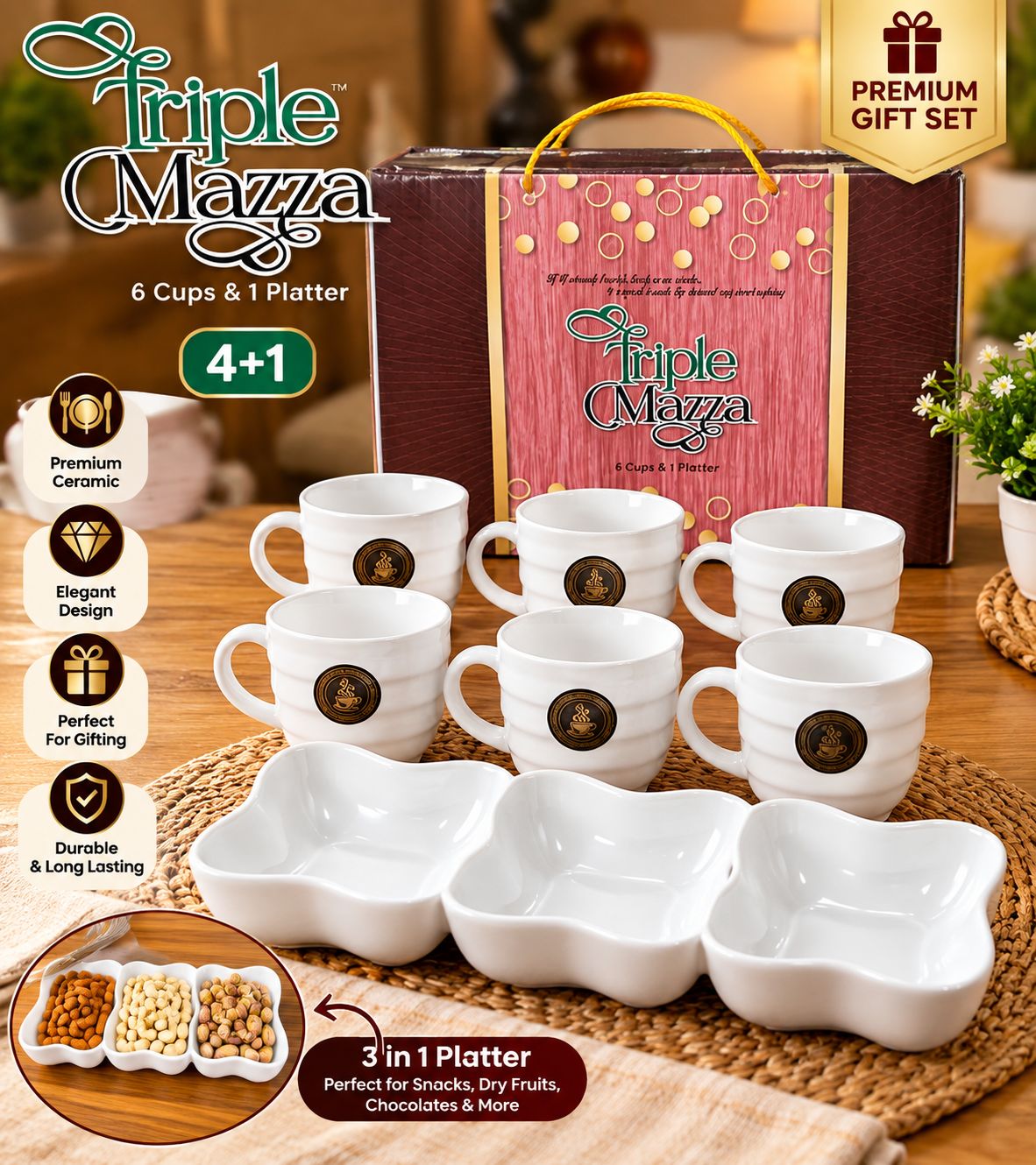 Triple Maza Gift Set – 6 Cups + 3-in-1 Platter