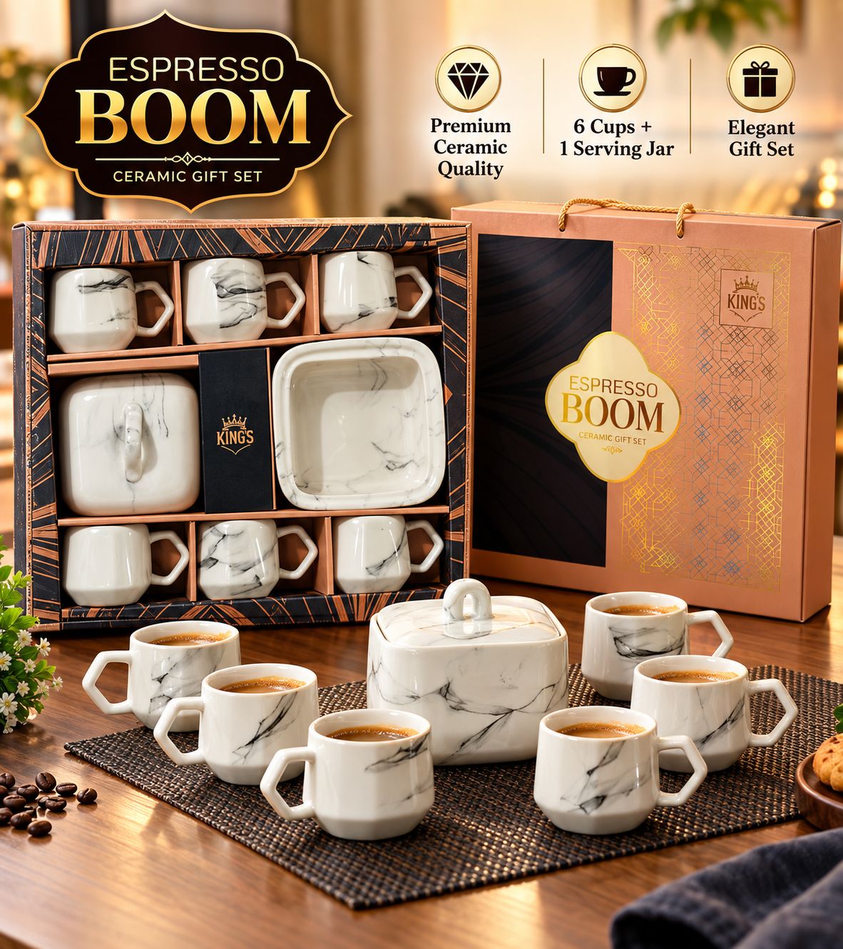 Espresso Boom Gift Set – 6 Ceramic Cups + Ceramic Jar