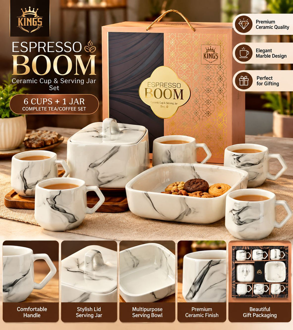 Espresso Boom Gift Set – 6 Ceramic Cups + Ceramic Jar