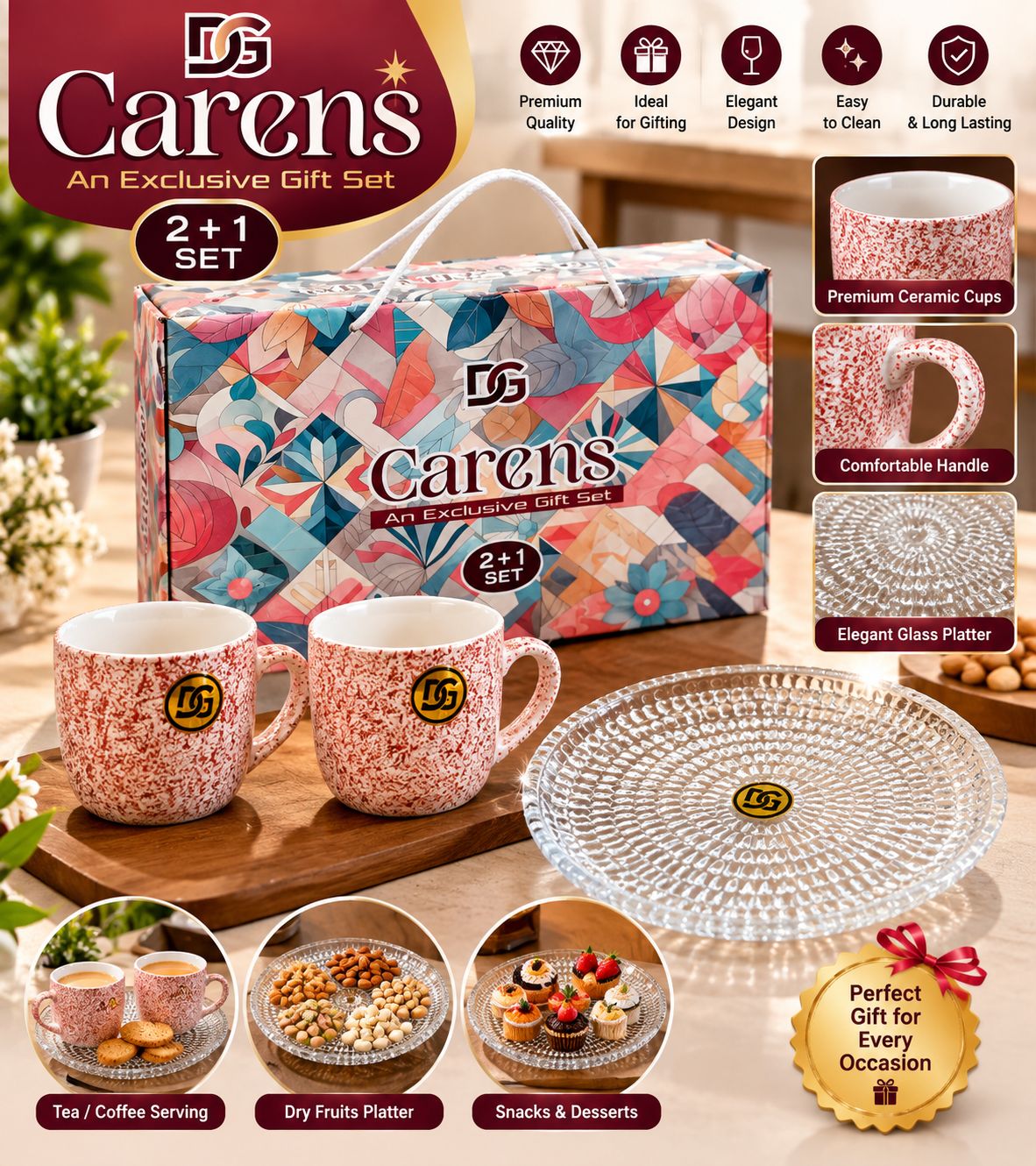 Carens Gift Set – 2 Cups + 1 Glass Plate