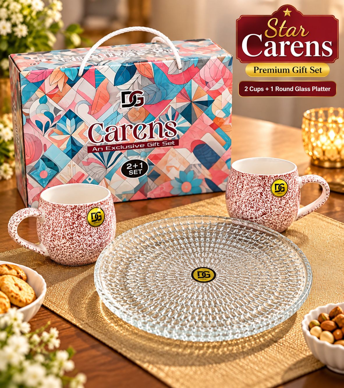 Carens Gift Set – 2 Cups + 1 Glass Plate